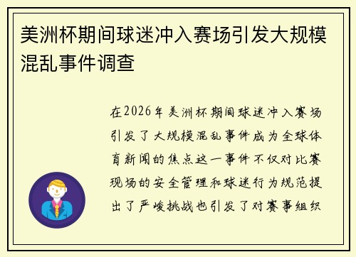 美洲杯期间球迷冲入赛场引发大规模混乱事件调查